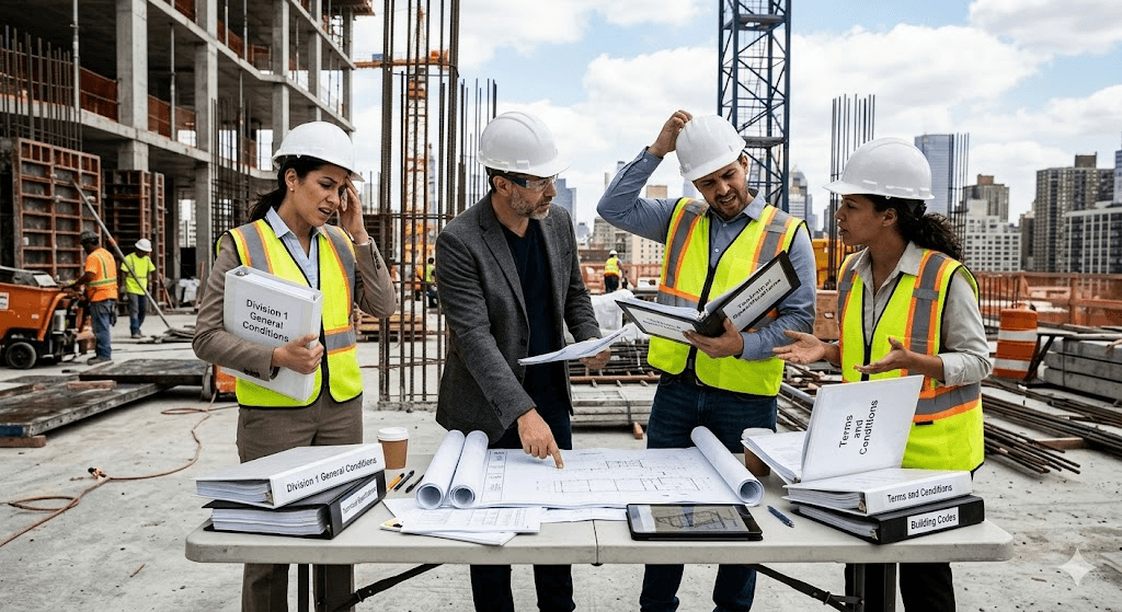 Construction team reviewing plans on site