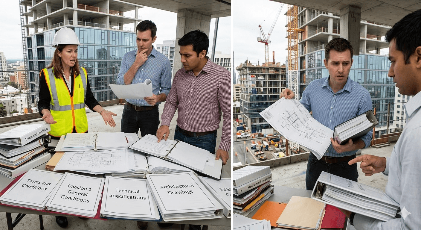 Construction professionals reviewing technical plans and drawings
